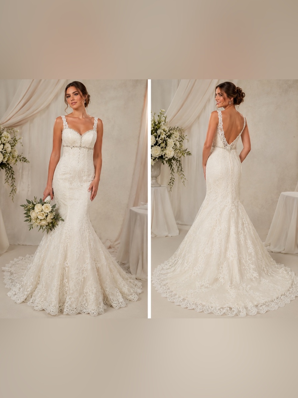 Pronovias Barcelona Ivory Lace Mermaid Wedding Dress Beaded Bridal Gown Sz 38 EU
